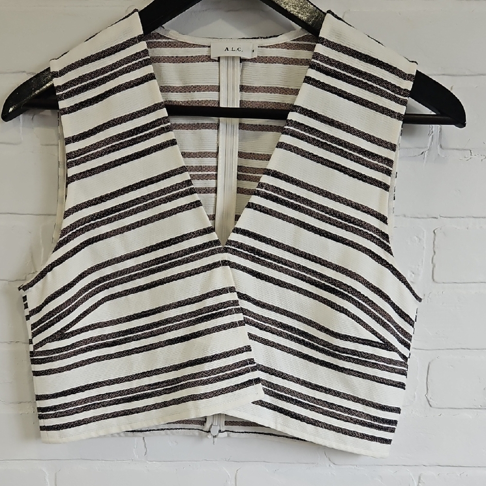 A.L.C. Women's Black and Cream Striped Crop Top